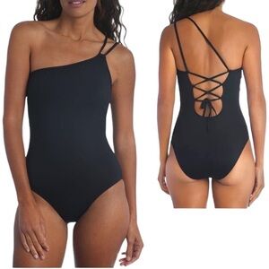 La Blanca Goddess Swimsuit One Piece Back Cutout One Shoulder Black Tummy Tight